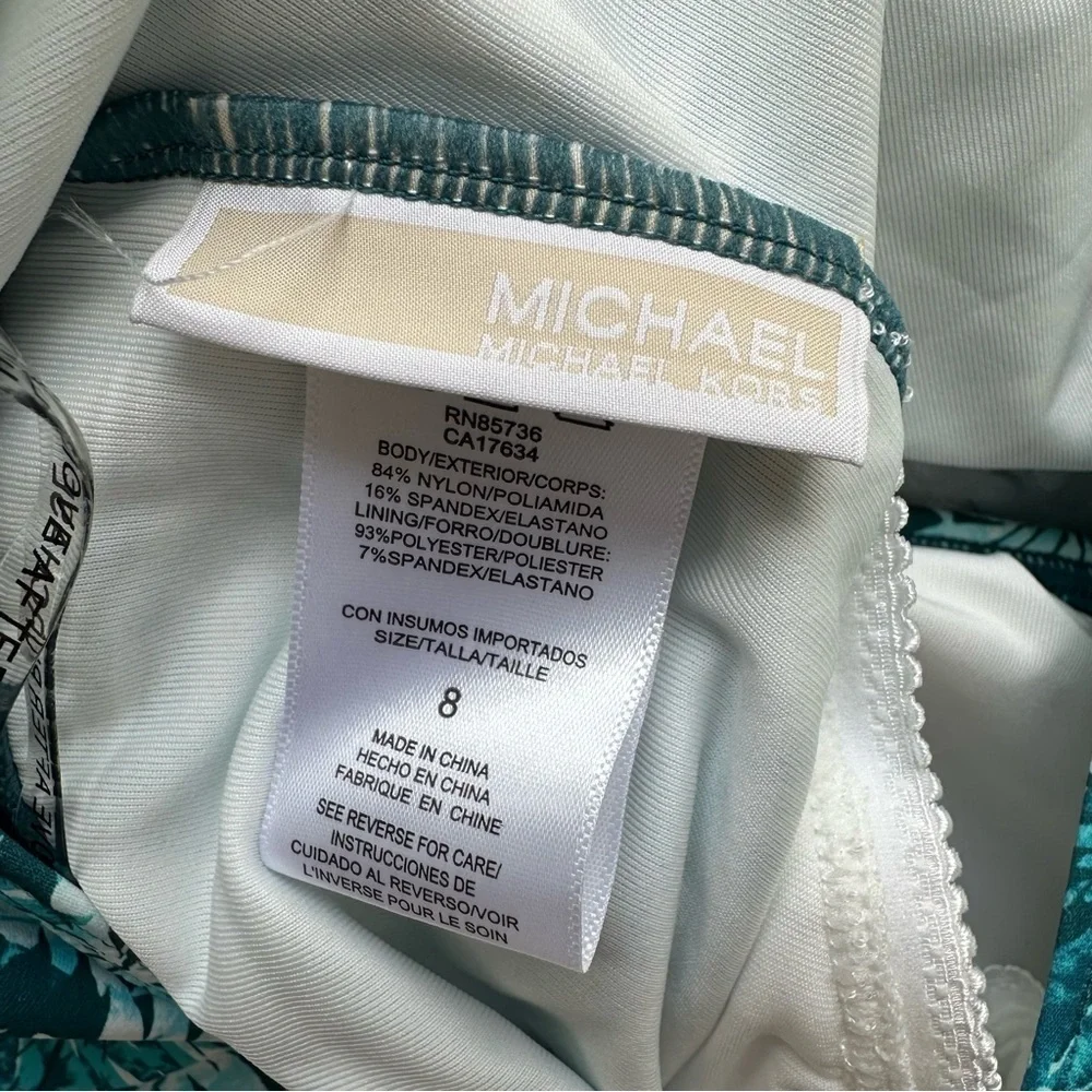 Michael Kors One-Shoulder Aqua Green Leaf Print Swimsuit, size 8